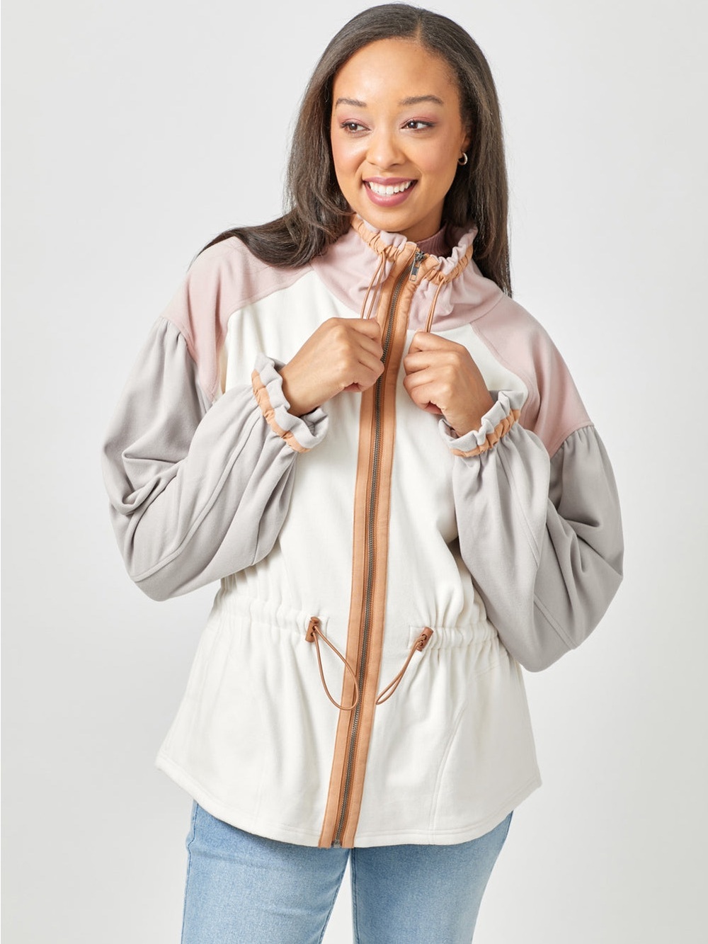 Mystree Cream, Dusty Rose & Light Gray Drawstring Zip Utility Jacket